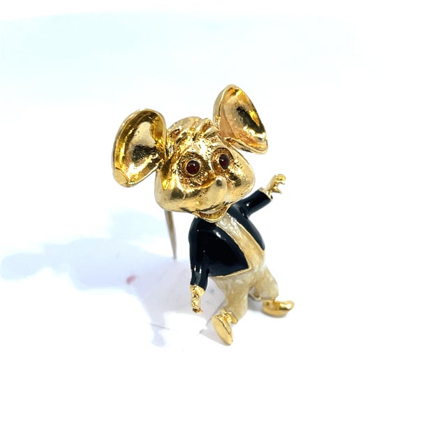 Mid-Century Modern Mid 20th Century 18k Yellow Gold Enamel Coat Wearing Whimsical Mouse Brooch For Sale - Image 3 of 8