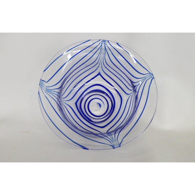 Mid Century Modern Murano Art Glass Serving Bowl With Cobalt Blue Striping 4860b For Sale - Image 9 of 12