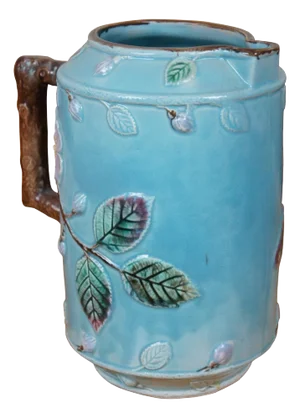 Antique Majolica Turquoise Blue French Barbotine Dog Rose Flower Pitcher Jug