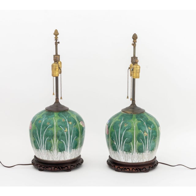 Wood Pair of Chinese Cabbage Leaf Motif Famille Rose Porcelain Jars Mounted as Table Lamps For Sale - Image 7 of 9