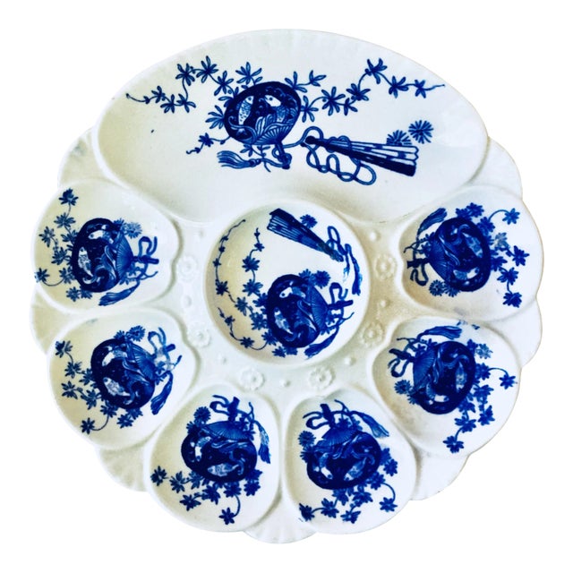 19th Century Victorian Porcelain Flow Blue Oyster Plate For Sale