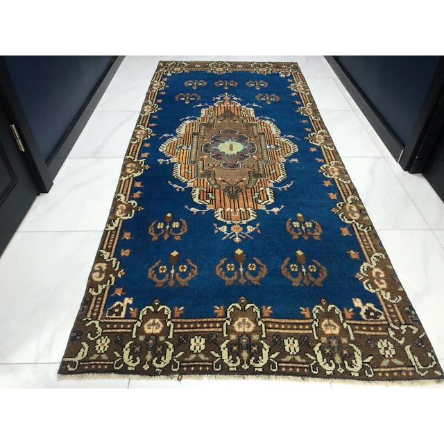 1960s 1960s Vintage Blue Turkish Oushak Area Rug - 4′ × 9′3″ For Sale - Image 5 of 11