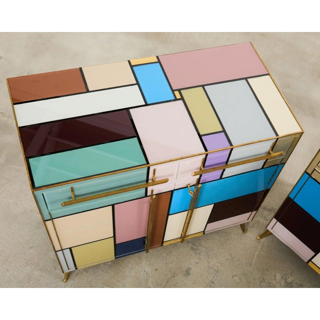Pair Italian Midcentury Mondrian Style Glass Brass Cabinets For Sale - Image 10 of 18