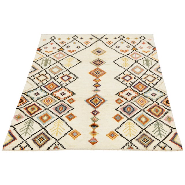 Modern Moroccan Style Hand-Knotted Wool Rug With Colorful Geometric Diamond For Sale - Image 11 of 12