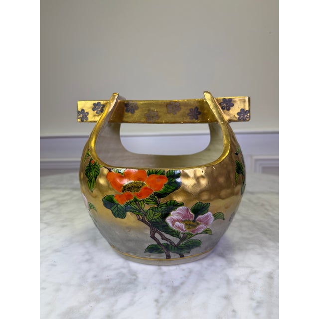 Vintage Signed Kutani Porcelain Gilded Basket Ikebana Vase by Shuchun For Sale - Image 4 of 7