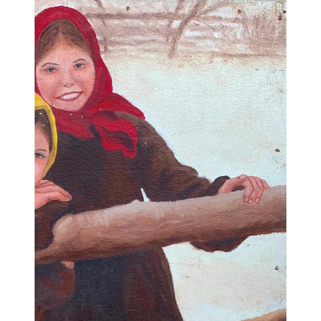 Campaign 1970s Portrait Little Girl Child Antique Oil Painting Original Soviet Art Ukrainian Artist Unknown 65-50 For Sale - Image 3 of 6