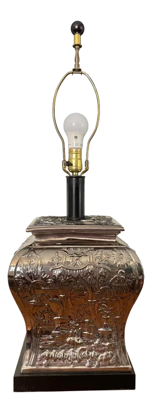 Vintage Chinoiserie Mercury Glass Pagoda Scene Table Lamp