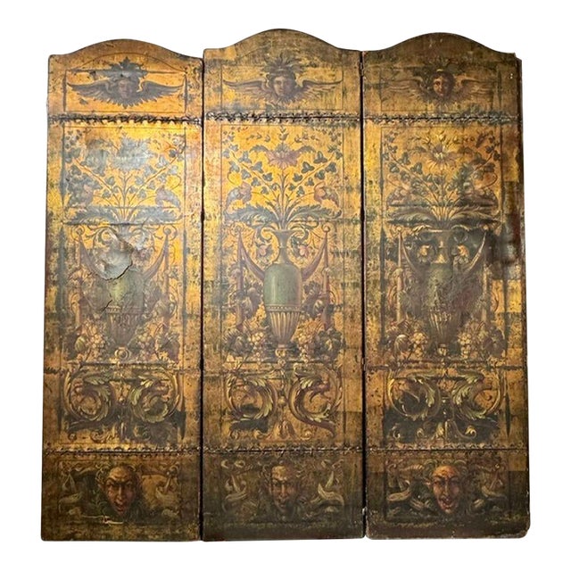 19th C. Italian Embossed Leather 5 Panel Screen For Sale
