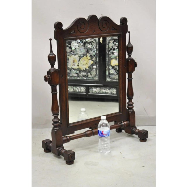 Antique Jacobean Style Carved Oak Wood Pivoting Dresser Shaving Table Top Mirror For Sale - Image 10 of 10