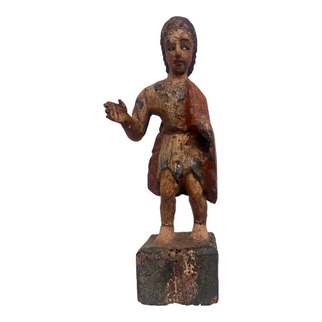 Antique Spanish Colonial Carved Wood Santos Figure With Glass Eyes For Sale