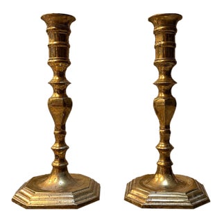 Pair of Vintage Solid Brass Candlesticks – 8.5” Tall – Octagonal Bases – Natural Patina For Sale