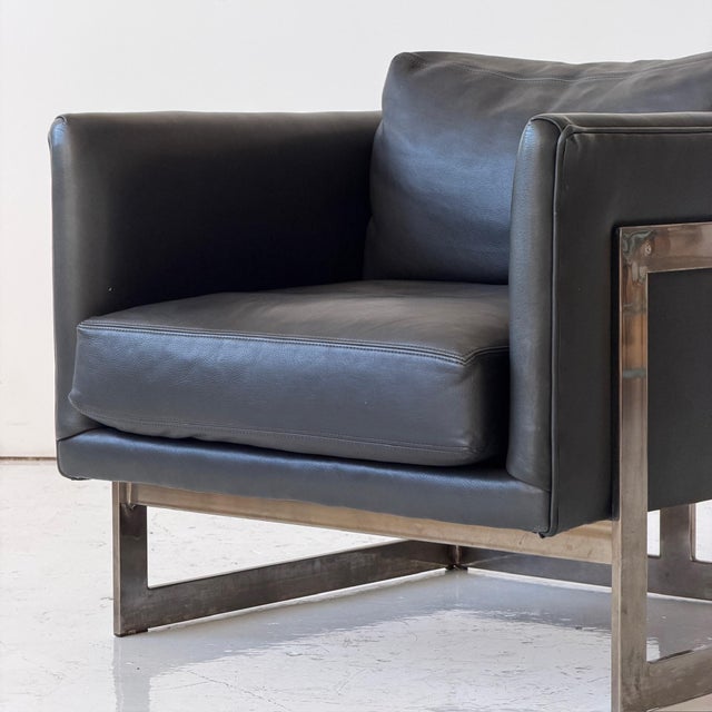 c. 2006. Full top grain leather construction with patinated brass plates frame. Designed by Milo Baughman in the 1960s.