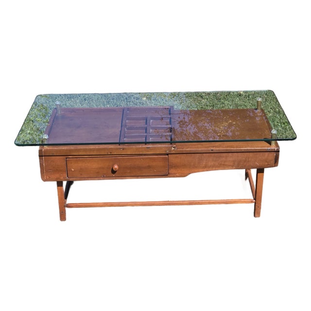 Antique Hardwood Oak Cobblers Accent Table W/ Glass Top For Sale
