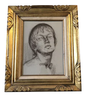 Original Vintage 1950’s Conte Crayon Portrait Drawing by Joan Shepherd Vintage Frame