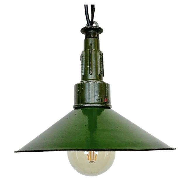 Industrial Green Enamel Military Pendant Lamp with Cast Aluminium Top, 1960s For Sale