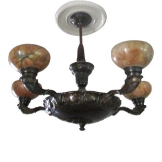 1920s Art Deco Blood Moon Alabaster and Bronze 5-Arm Chandelier For Sale