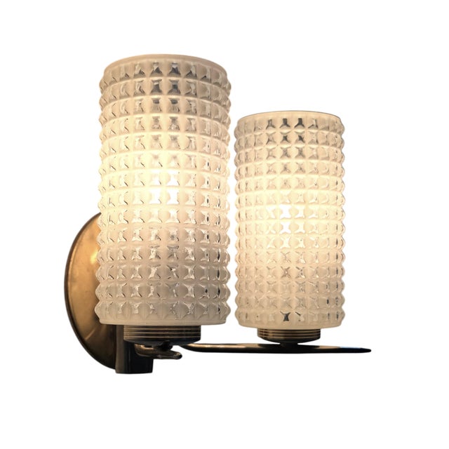 Vintage Enameled Glass, Brass & Nickel Two Light Wall Sconces - Set of Three For Sale - Image 15 of 17