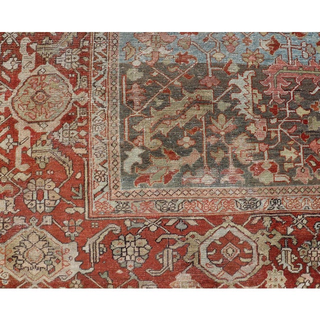 Persian Antique Serapi Rug With All-Over Geometric Design in Gray-Blue and Red For Sale - Image 10 of 14