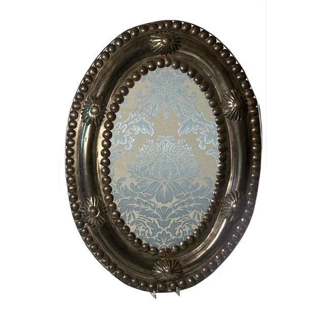 Early 20th Century Metal Framed Blue Damask Hanging Wall Ornaments - a Pair For Sale - Image 4 of 8