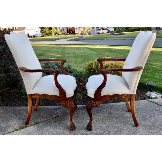 Vtg. Pair of Carved Mahogany Federal Style Arm Chairs With Claw Feet For Sale - Image 12 of 18