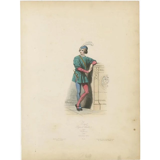 Antique French Costume Print of Medieval Page Boy, Hand-Colored, 19th Century For Sale - Image 6 of 10
