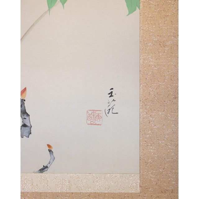 "Peony" by Unryū, Showa Era Large Japanese Painted Silk Scroll Painting For Sale - Image 9 of 15