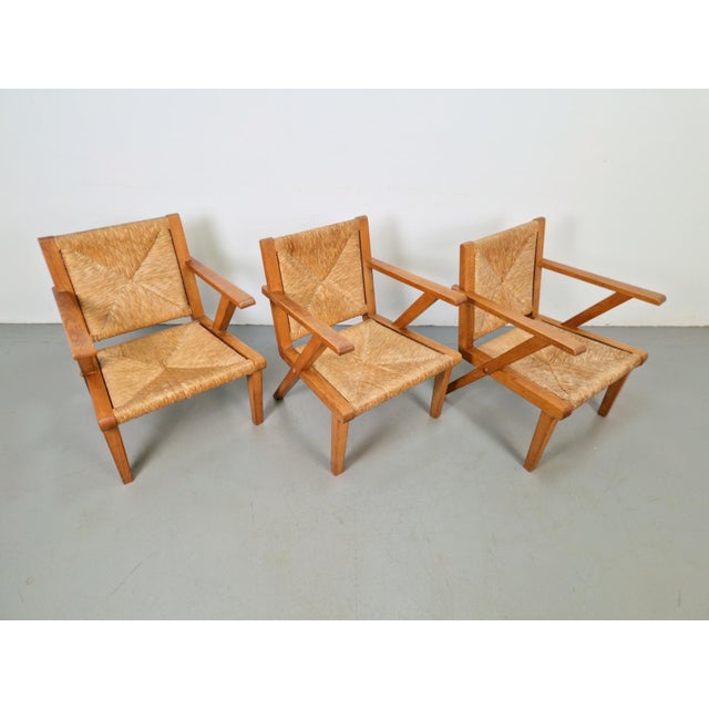 Modernist Brutalist Wooden Armchairs in Rush, 1940s, Set of 3 For Sale - Image 10 of 18