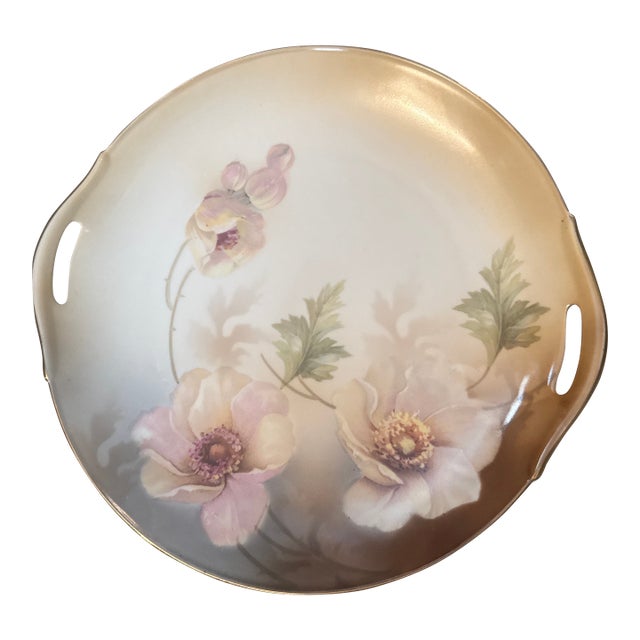 Antique 1910s r.s. Germany Hand-Painted Dual-Handled Porcelain Floral Cake Plate For Sale