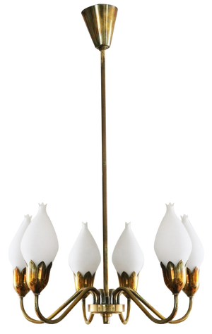 Vintage Danish Tulip Chandelier in Brass and Opal Glass from Fog & Mørup, 1950s