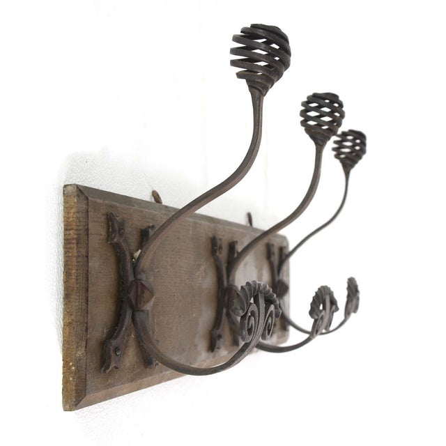 Wood Mid 20th Century European 3-Curled Wrought Iron Hooks Wood Mount Wall Rack For Sale - Image 7 of 10