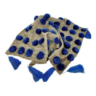Mexican Blue and Gray Wool Pompom Chamula Shawl Blanket For Sale