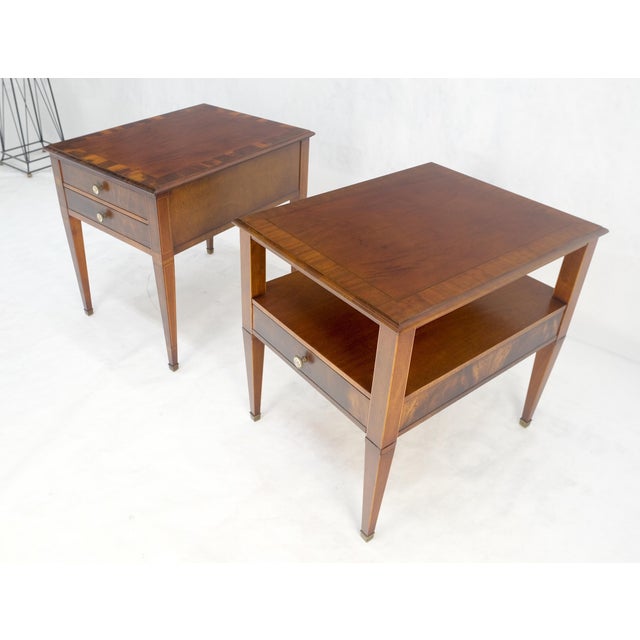 Pair of Yew Wood Banded Two & One Drawer End Tables Nightstands Tapered Leg For Sale - Image 11 of 12