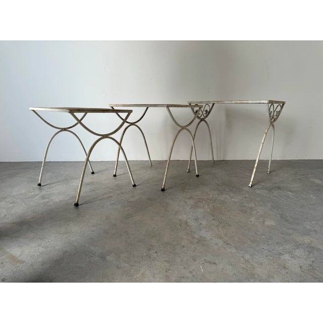 Mid-Century Modern 70's Mid-Century Salterini Style Wrought Iron Nesting Patio Side Tables - Set of 3/ Sold For Sale - Image 3 of 12