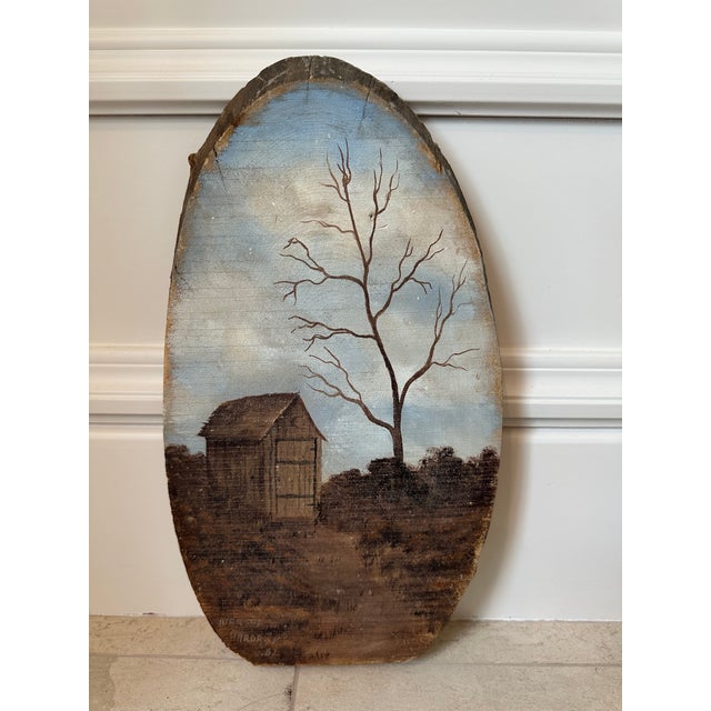 Vintage 1982 Signed Oil Landscape on Natural Wood For Sale - Image 9 of 15