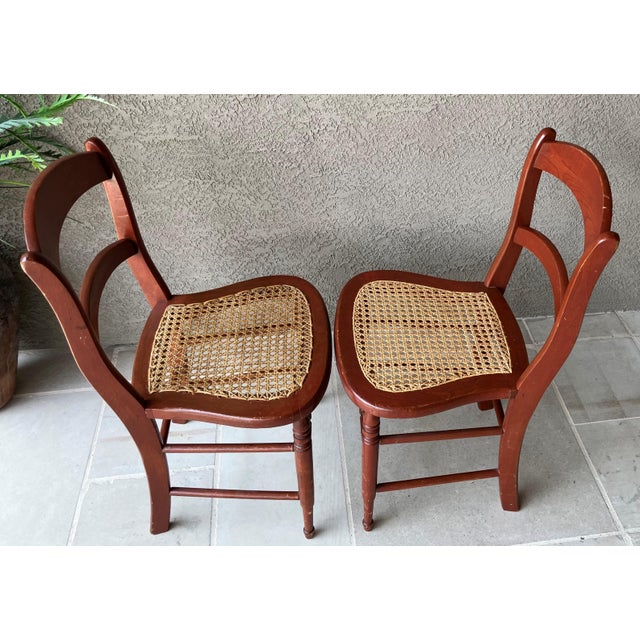 Circa 1920 Solid Oak Wood & Cane Seat Two-Rung Curved Ladderback Accent Chairs – A Pair For Sale - Image 17 of 18