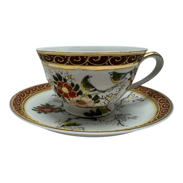 Vintage Taiei Japan Teacup & Saucer | Bird Floral Porcelain Tea Cup | Burgundy Gold Scroll Trim | Hidden Lithophane Portrait Effect For Sale