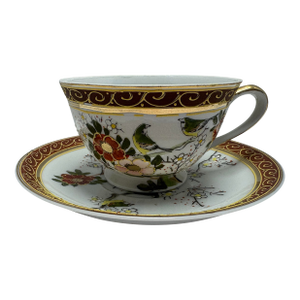 Vintage Taiei Japan Teacup & Saucer | Bird Floral Porcelain Tea Cup | Burgundy Gold Scroll Trim | Hidden Lithophane Portrait Effect