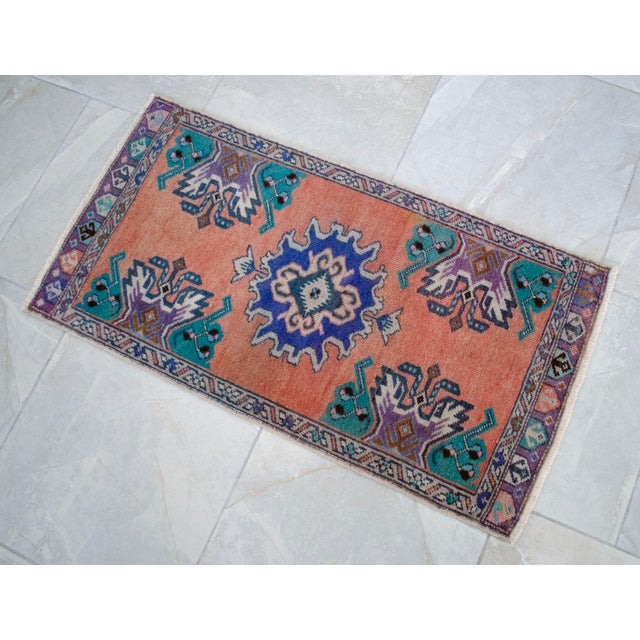 Hand Knotted Low Pile Wool Turkish Small Rug Faded Mat Entry Decor, Bath Mat - 1'8'' X 3' For Sale - Image 10 of 14