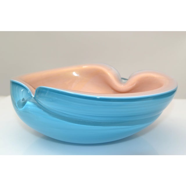 Mid-Century Modern Italian Murano Clear Turquoise Blue & Light Peach Blown Art Glass Bowl 1960 For Sale - Image 3 of 13