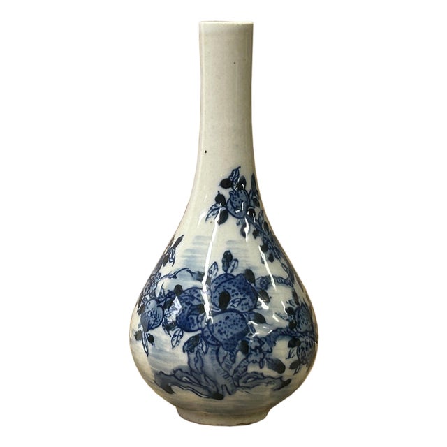 Vintage Tiny Small Blue White Pear Shape Blue White Graphic Vase For Sale