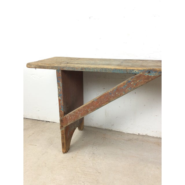 Antique Primitive Farmhouse Wood Bench With Chippy Paint Patina For Sale - Image 15 of 18