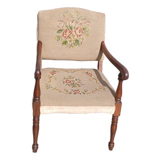 Antique Victorian Needlepoint Armchair Floral Tapestry Accent Chair For Sale
