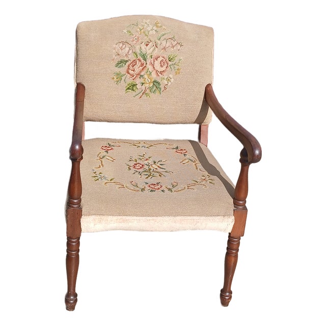 Antique Victorian Needlepoint Armchair Floral Tapestry Accent Chair For Sale