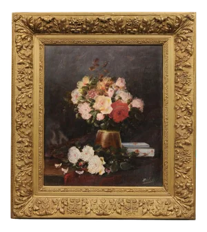 19th Century French Floral Still-Life Painting Depicting Roses in Original Frame
