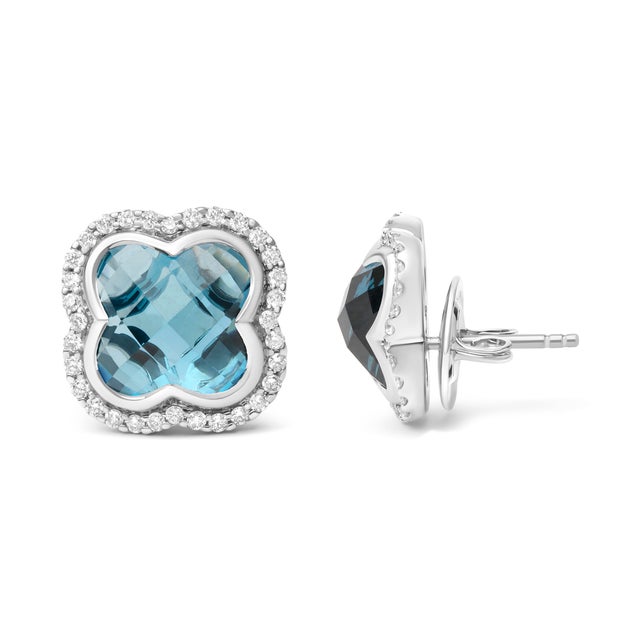 18K White Gold 3/8 Cttw Diamond and 11x11mm Clover-Cut London Blue Topaz Gemstone Halo Clover Stud Earrings (G-H Color, SI1-SI2 Clarity) For Sale - Image 4 of 5
