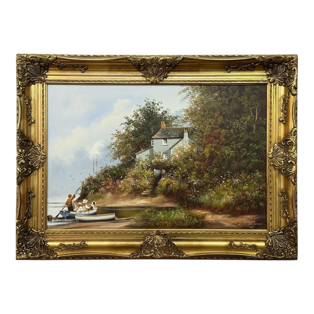 Three Children and Dog in a Rowing Boat at a Farmhouse Flower Garden in England 1980 Circa For Sale