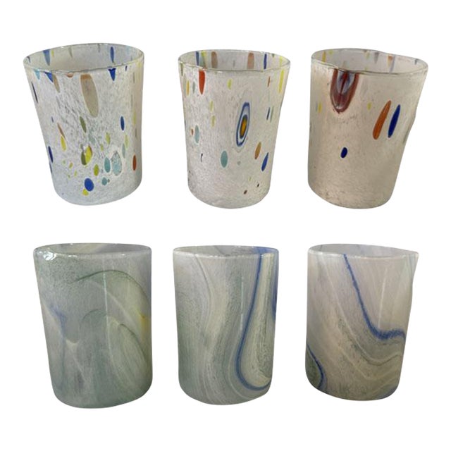 Murano Glass Tumbler in White and Multi Confetti Design Set of 6 Made in Italy For Sale