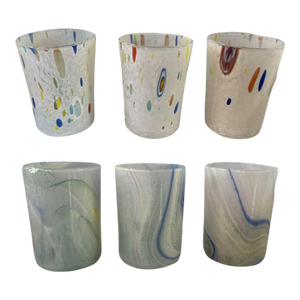 Murano Glass Tumbler in White and Multi Confetti Design Set of 6 Made in Italy