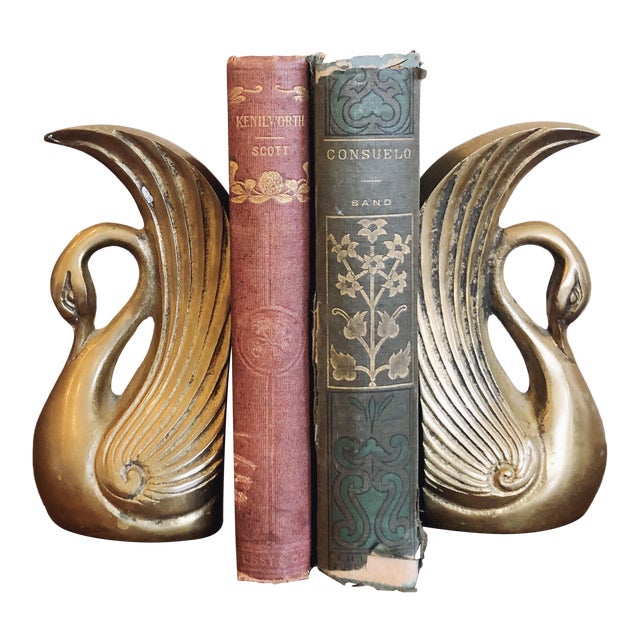 Vintage Brass Swan Bookends & Antique Books Chairish