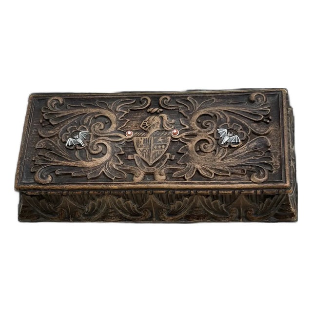 Ooak Antique Spanish Wood Box/Added Coral/Sterling Bats For Sale